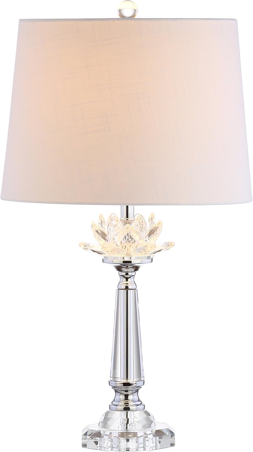 24.5" Clear Crystal LED Table Lamp, Hollywood Regency Modern Glam Candlestick Lamp with White Linen Drum Shade Bedroom