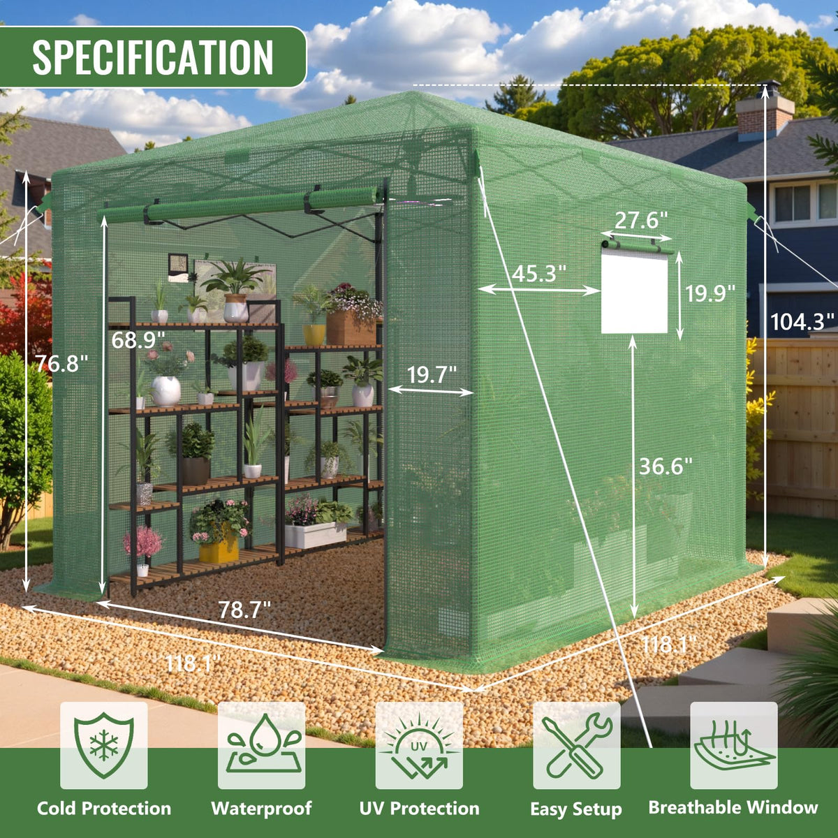 10x10 FT Pop Up Greenhouse for Outdoors, Walk-in Greenhouse with PE Cover