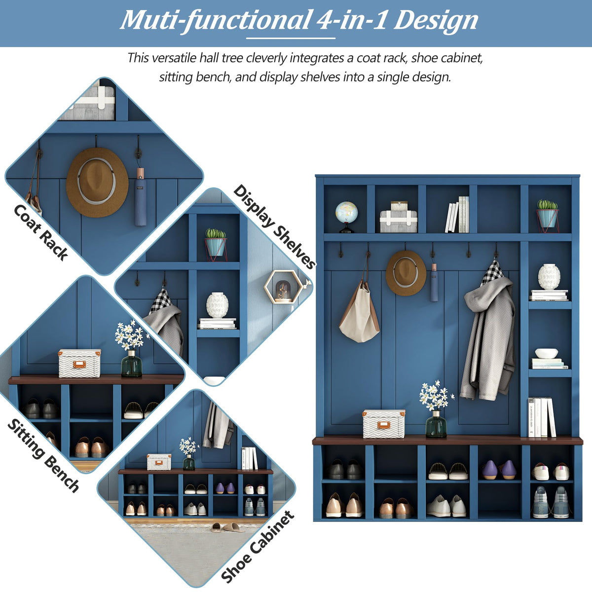 Hall Tree with Bench & Shoe Storage, Farmhouse Wood Coat Rack, Blue