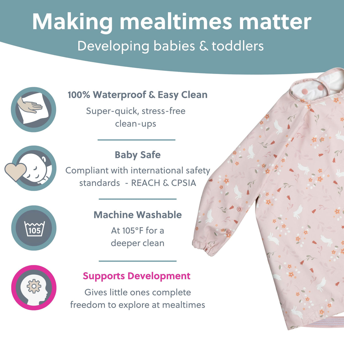 Attachable Long Sleeve Bib for Babies & Toddlers - Easy Clean