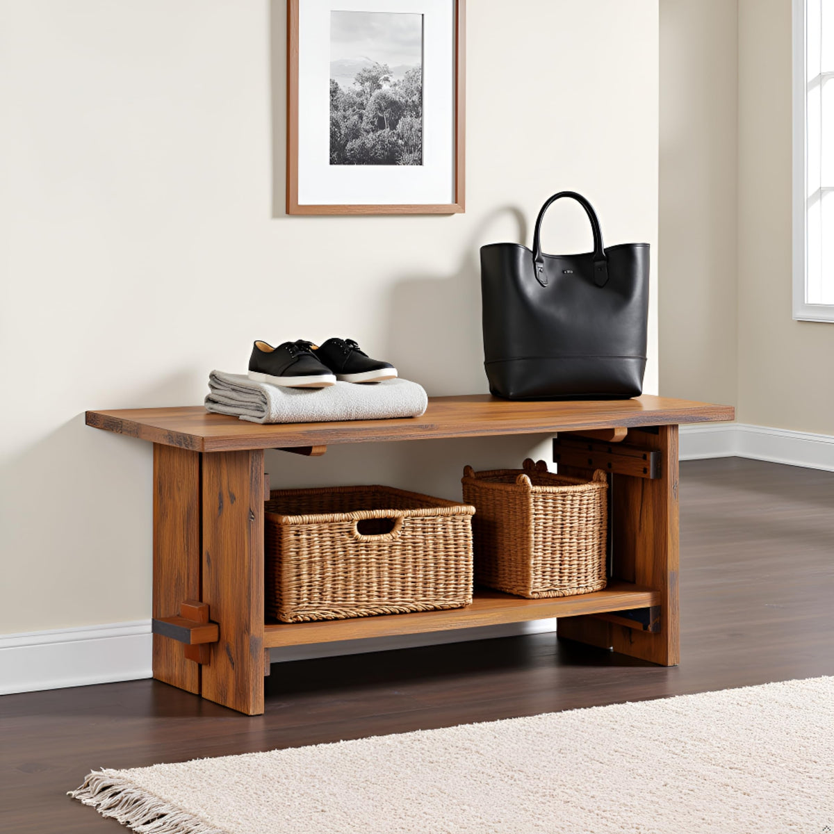 Bethel Rustic Solid Wood Entryway Bench with Shelf, Natural