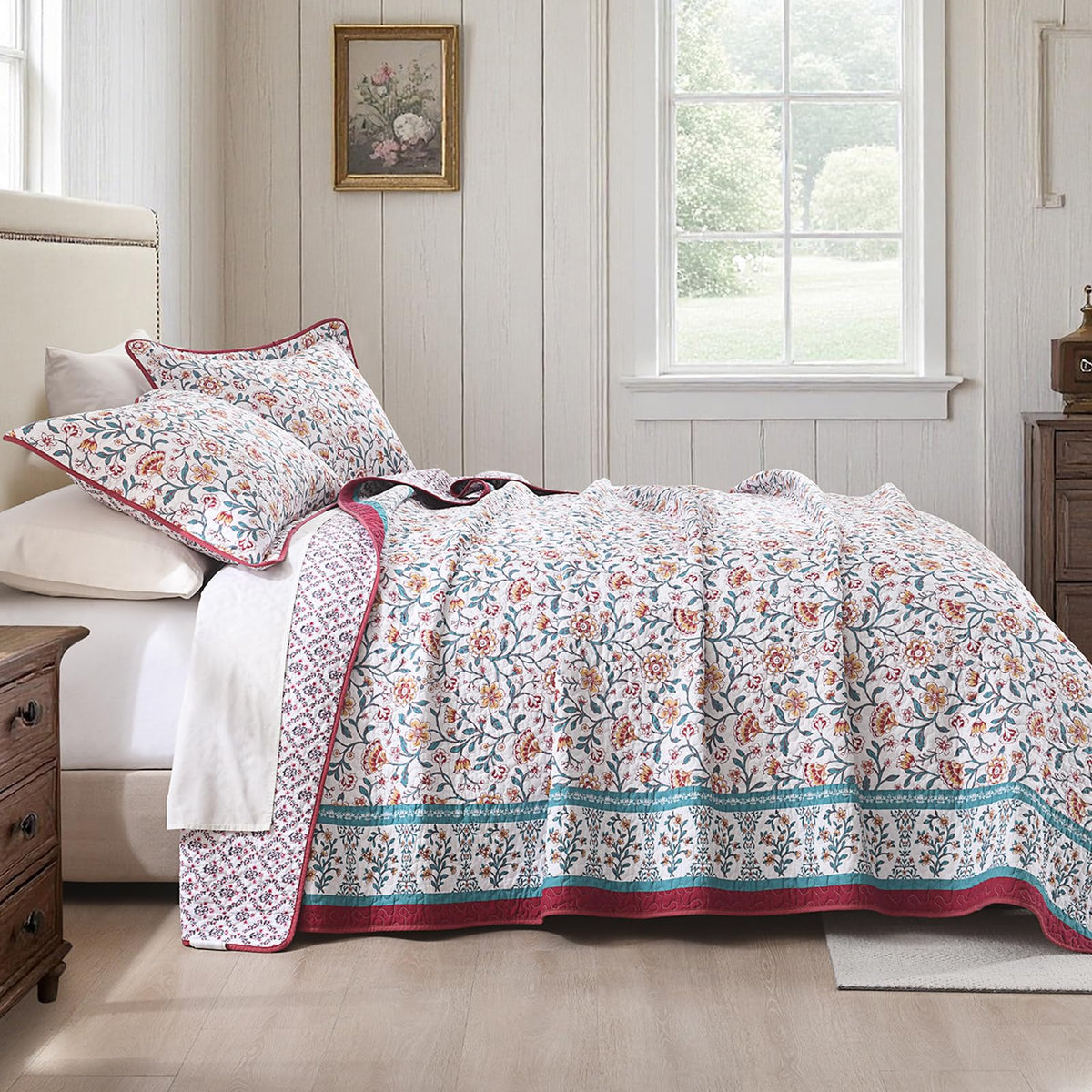 100% Cotton Quilt Set, Farmhouse Floral Reversible Quilts