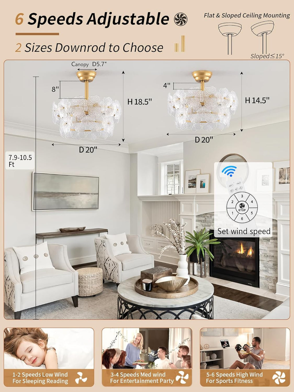 20" Gold Caged Crystal Ceiling Fan with Light & Remote
