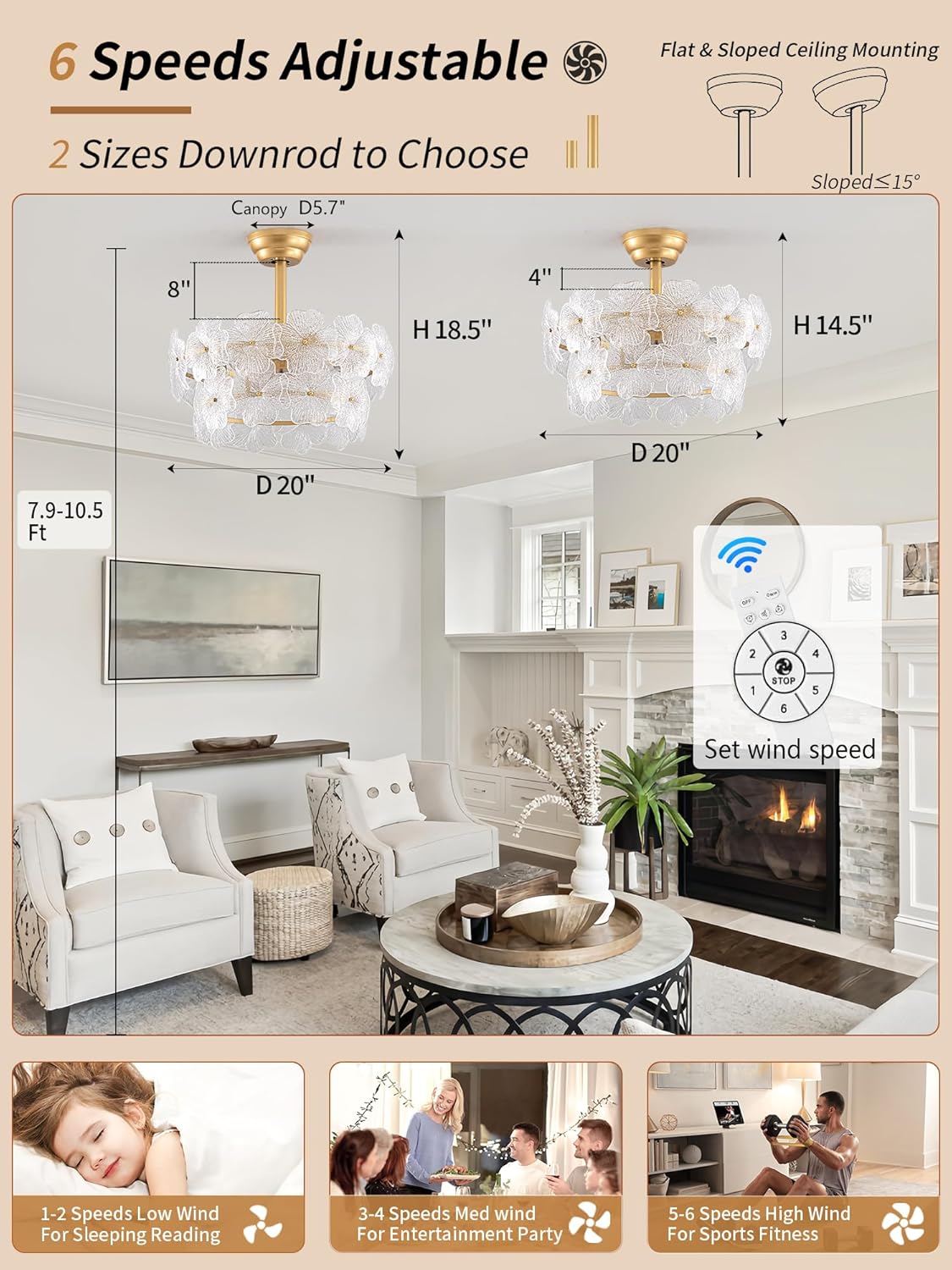 20" Gold Caged Crystal Ceiling Fan with Light & Remote