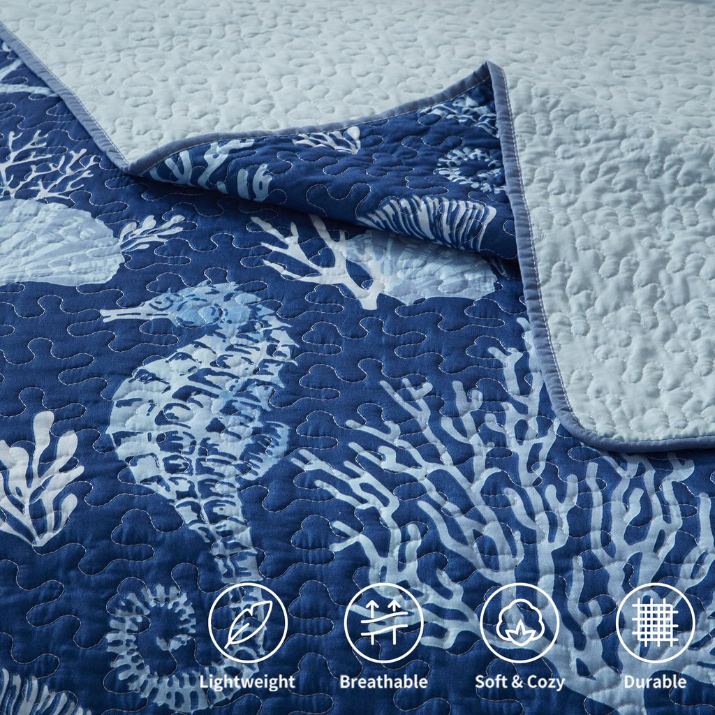 Coastal Quilt Set - Lightweight Microfiber Reversible Bedspread, 98''x106'', Navy, Includes 2 Shams