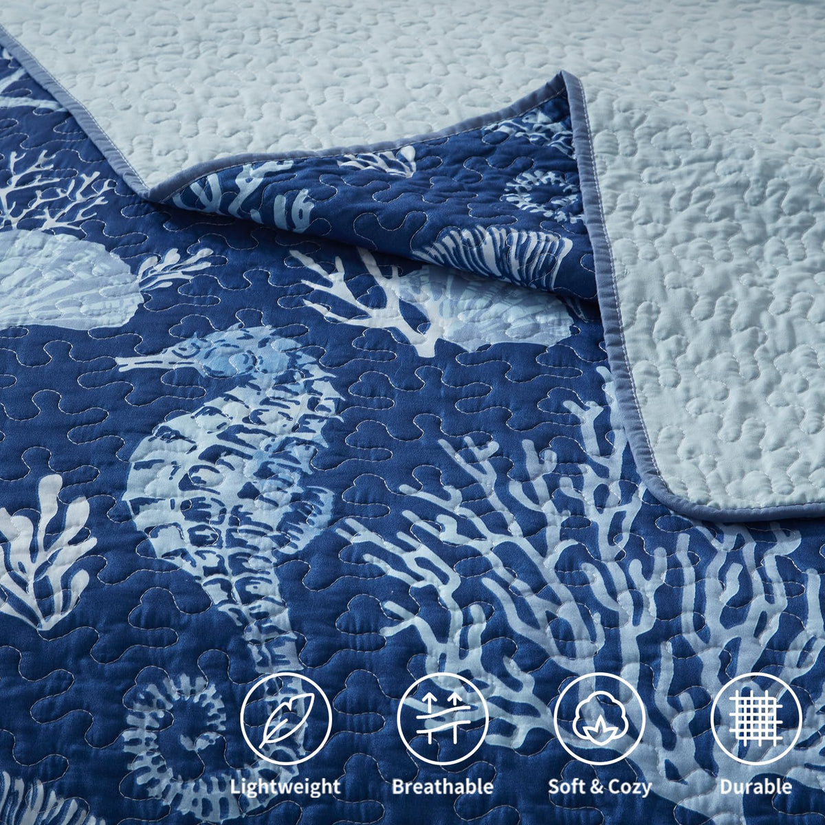 Coastal Quilt Set - Lightweight Microfiber Reversible Bedspread, 98''x106'', Navy, Includes 2 Shams