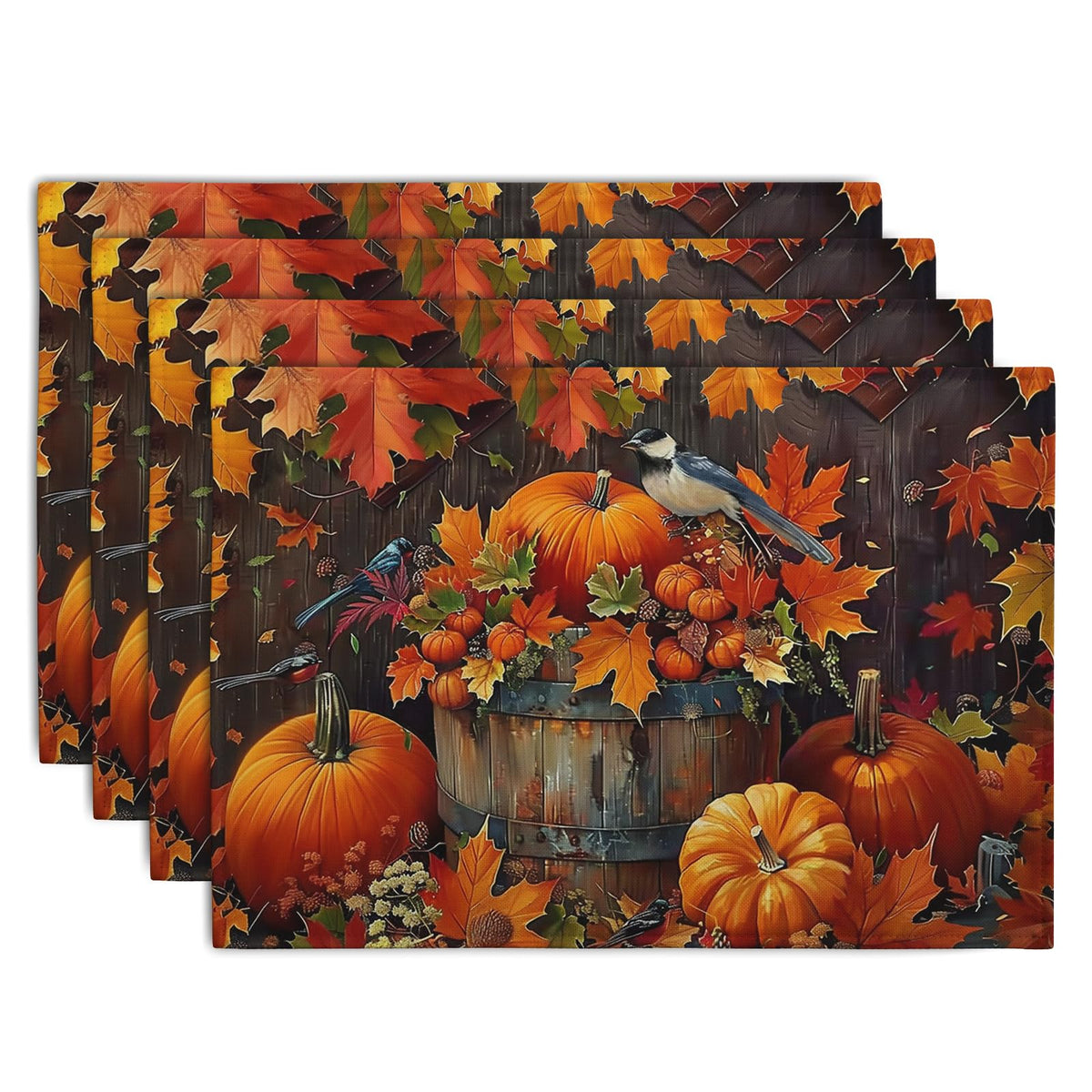 Pumpkin Maple Leaf Bird Fall Placemats Set of 4 Autumn Thanksgiving Seasonal Holiday Harvest Linen Table Mats Orange