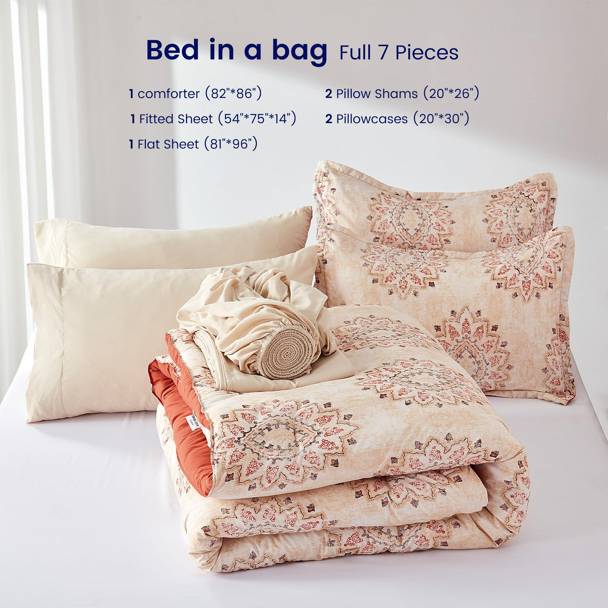 7 Pieces Bed in a Bag Comforter Sets Full, Damask Pattern Beige Fluffy Breathable BIAB with 4 Corner Tabs
