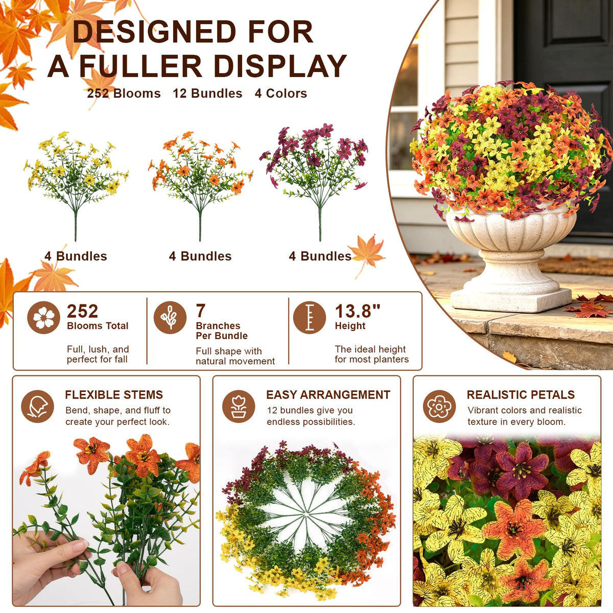 Artificial Fall Flowers for Outdoors, 12 PCS UV Resistant Faux Daisy Mums
