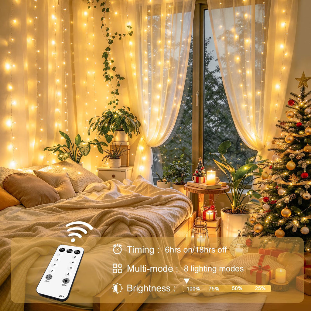 300 LED Remote Control Curtain Lights, Plug in Fairy Curtain Lights Outdoor, Window Wall Hanging String Lights Indoor