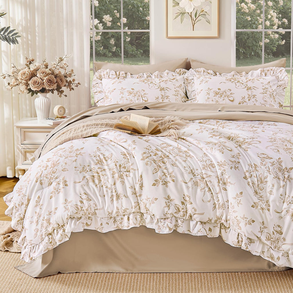 Beige Floral Comforter-7 Piece Ruffle Bedding