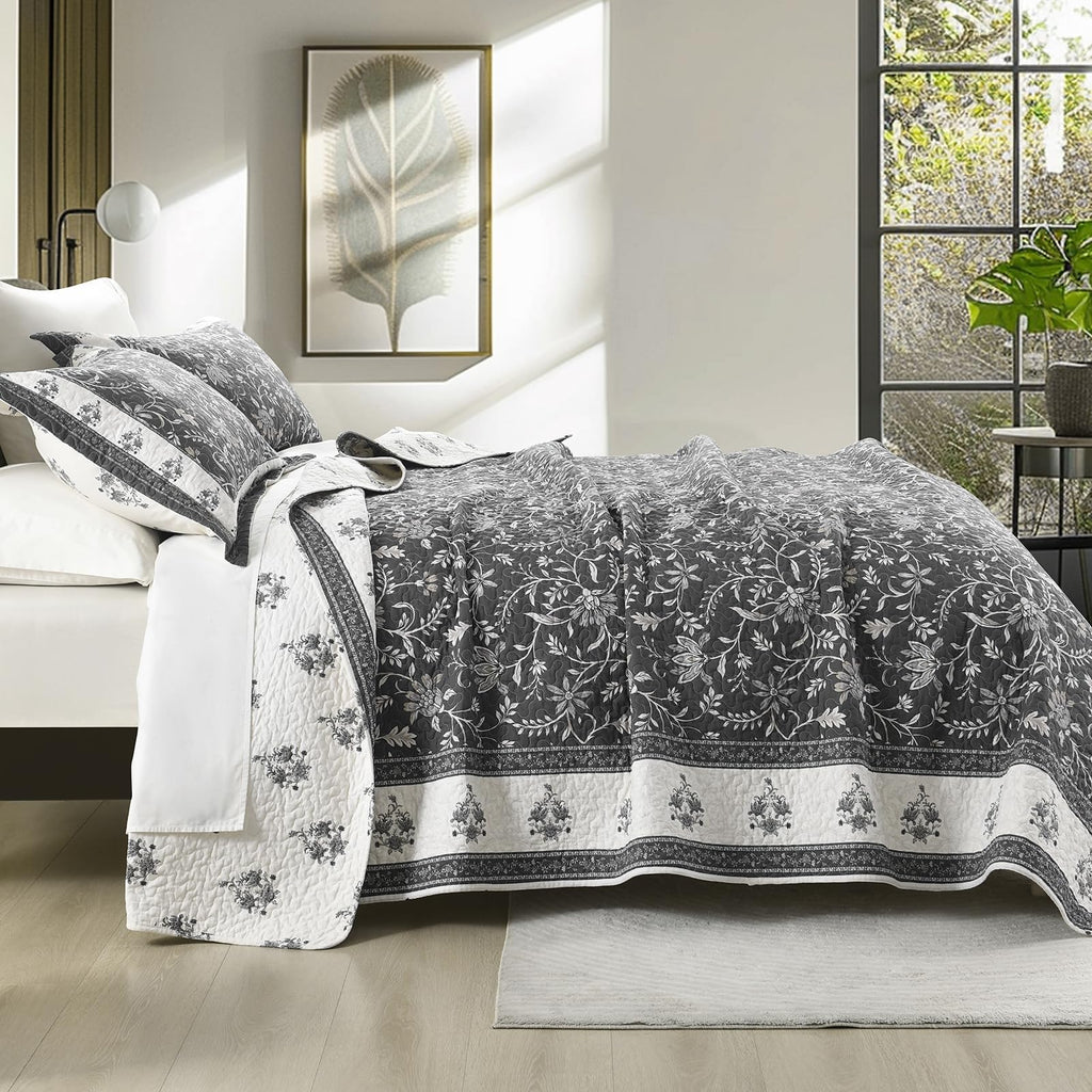 Farmhouse Botanical Quilt Set - 100% Cotton Quilts with 2 Pillow Shams, 3 Piece Bedspread Lightweight Bedding