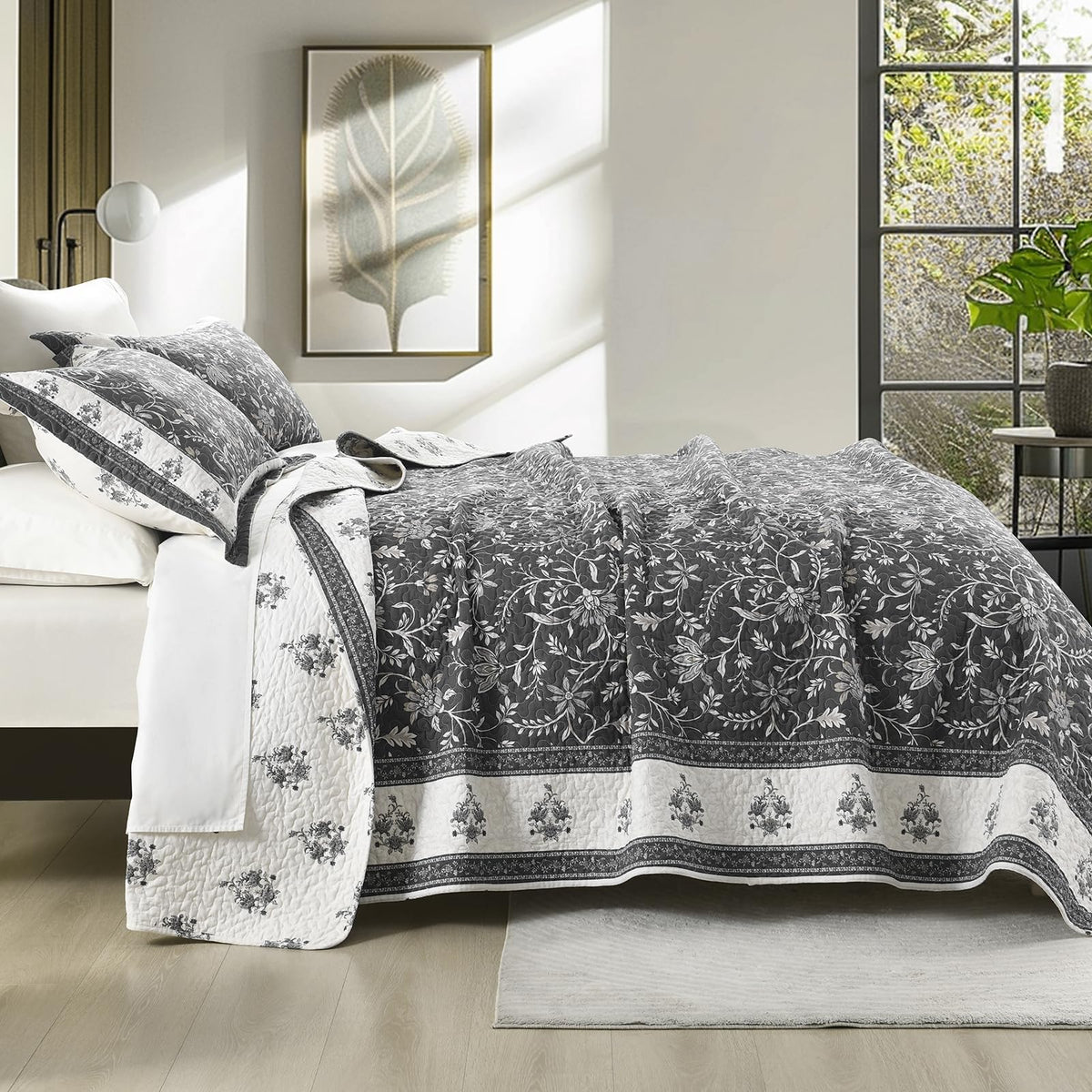 Farmhouse Botanical Quilt Set - 100% Cotton Quilts with 2 Pillow Shams, 3 Piece Bedspread Lightweight Bedding