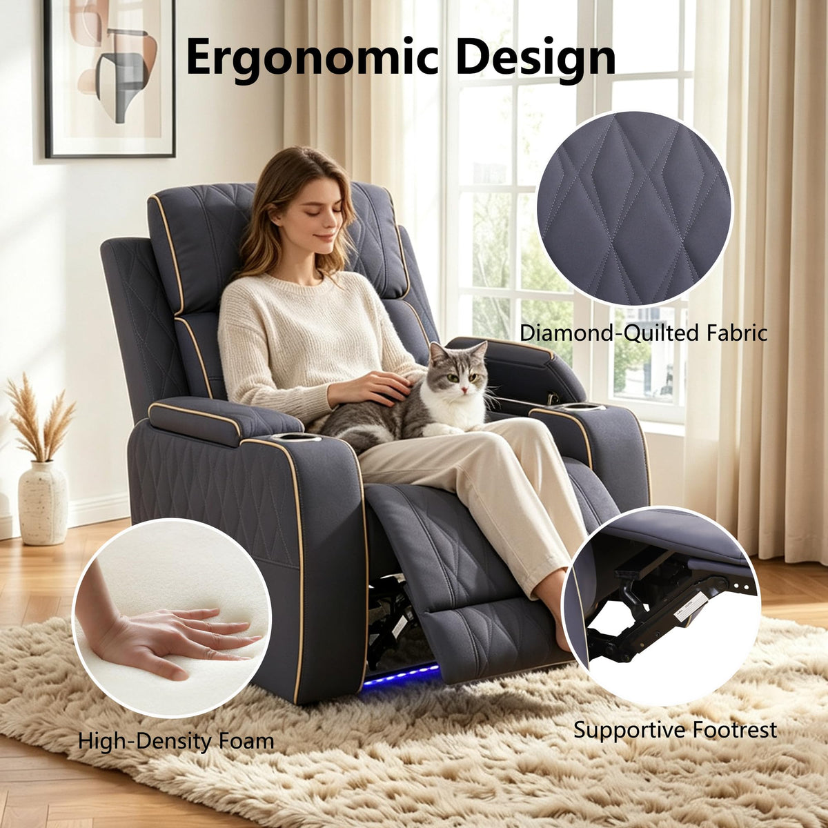 Leather Power Recliner Sofa Set with LED, 3 Piece Living Room Furniture Set, Breathable Leather Reclining Sofa Set