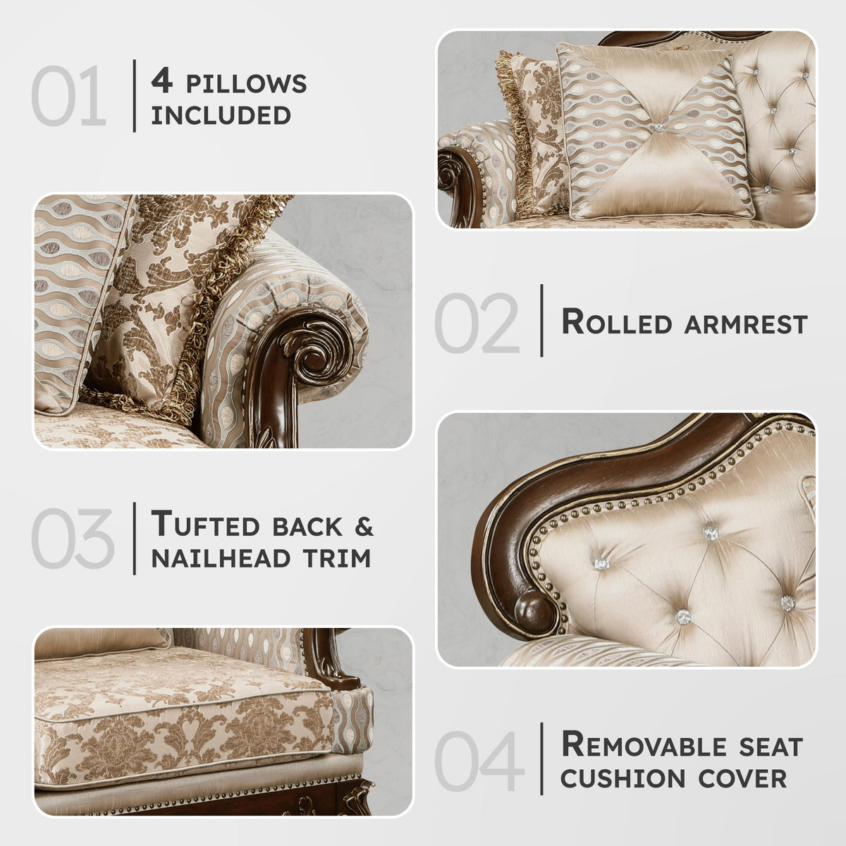 Traditional Chenille Loveseat, 4 Accent Pilows, Brown