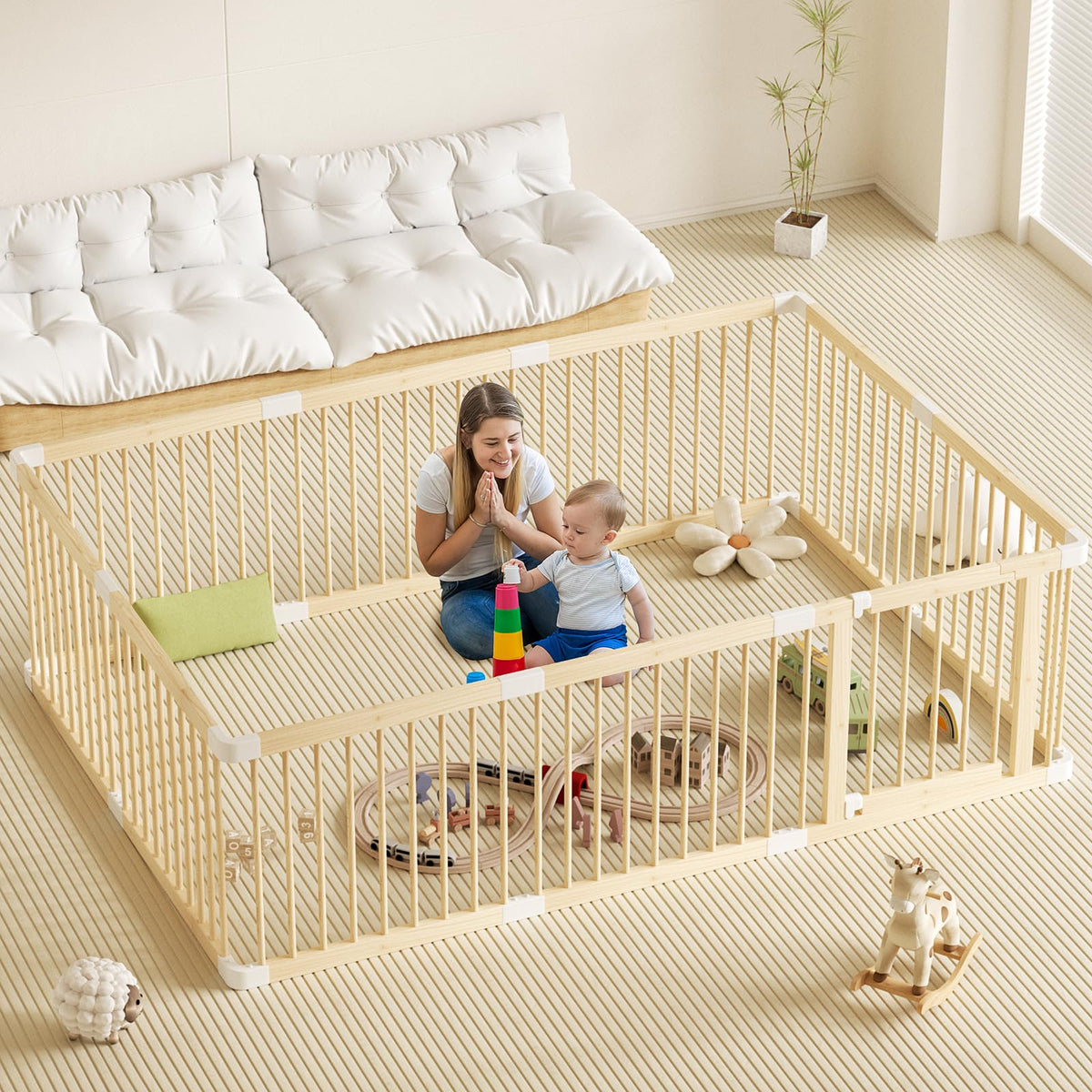 Wooden Baby Playpen, 56x83x24In Gate for Toddler and Babies
