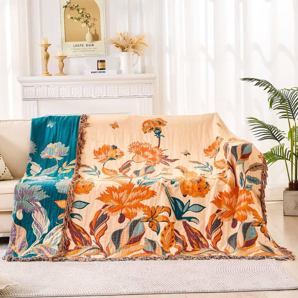 Boho Throw Blanket for Bed, 100% Cotton Soft Rustic Quilt Fall Blanket, 90"x98" Floral Printed Farmhouse Decor Bed