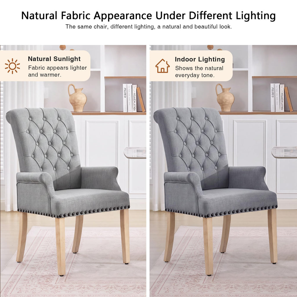 With Arms, Linen High Back Dining Room Chair, Light Grey