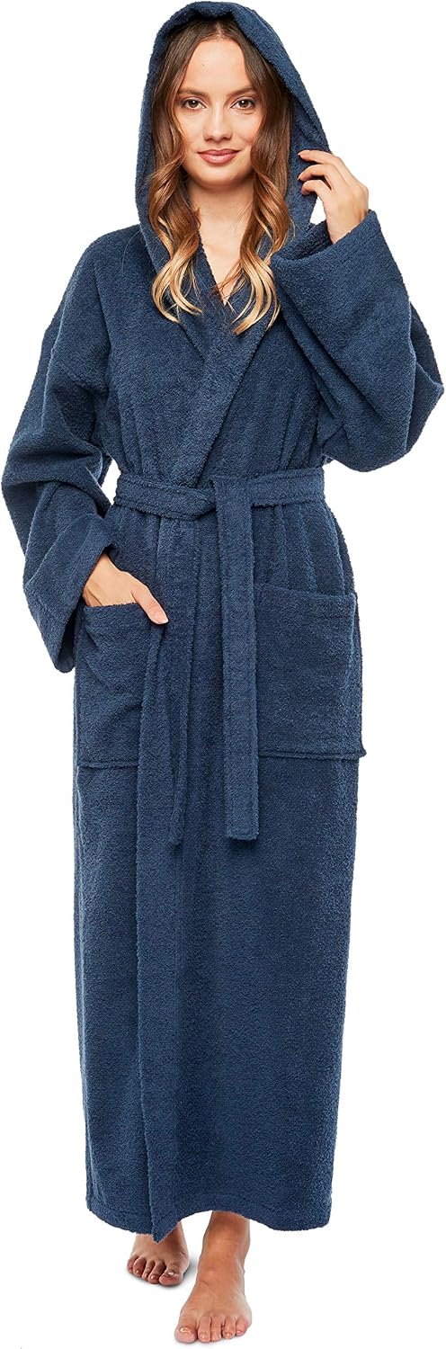 Women's Hooded Classic Bathrobe Turkish Cotton Robe with Full Length Options