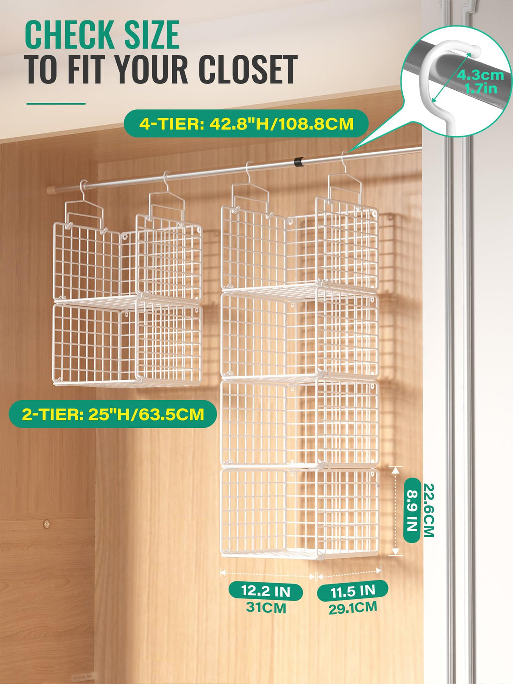 Hanging Closet Organizer, 4 Tier Metal Closet Organizers and Storage with 4 Hanging Hooks 4 S-Hooks for Wardrobe