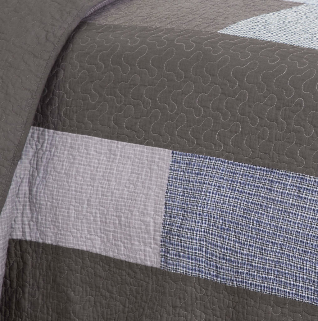 Sora 3-Piece Plaid Checkered Grid Patchwork Stripe Quilt Set - Soft Lightweight 100% Washed Cotton Bedspread for All