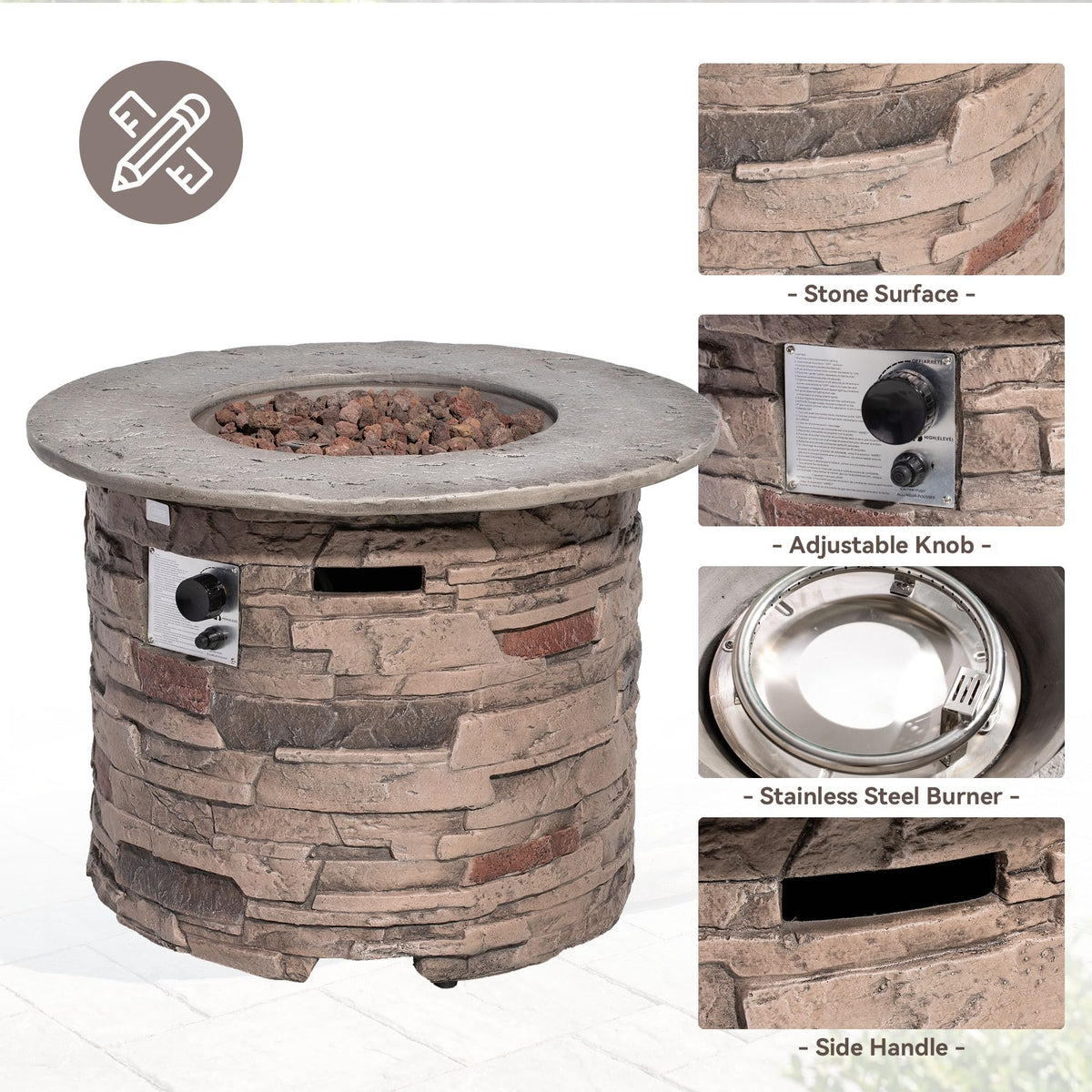 Outdoor Concrete Fire Pit Table w Imitation Stone Surface 32-inch Round Fire Table, Certified, 40, 000 BTU Stainless