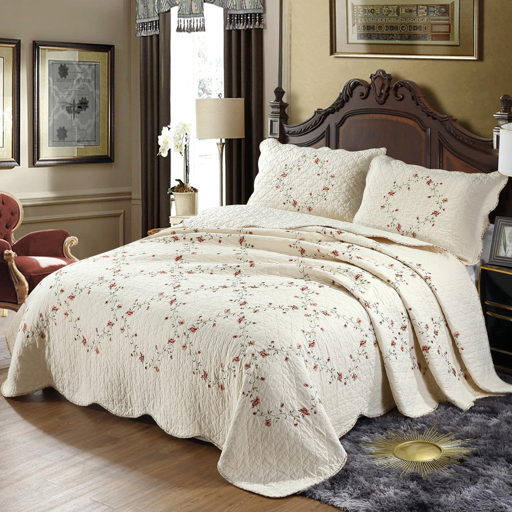 3-Piece Floral Embroidered Bedspread Coverlet Set 100% Cotton Reversible Patchwork 1 Quilt and 2 Pillow Shams
