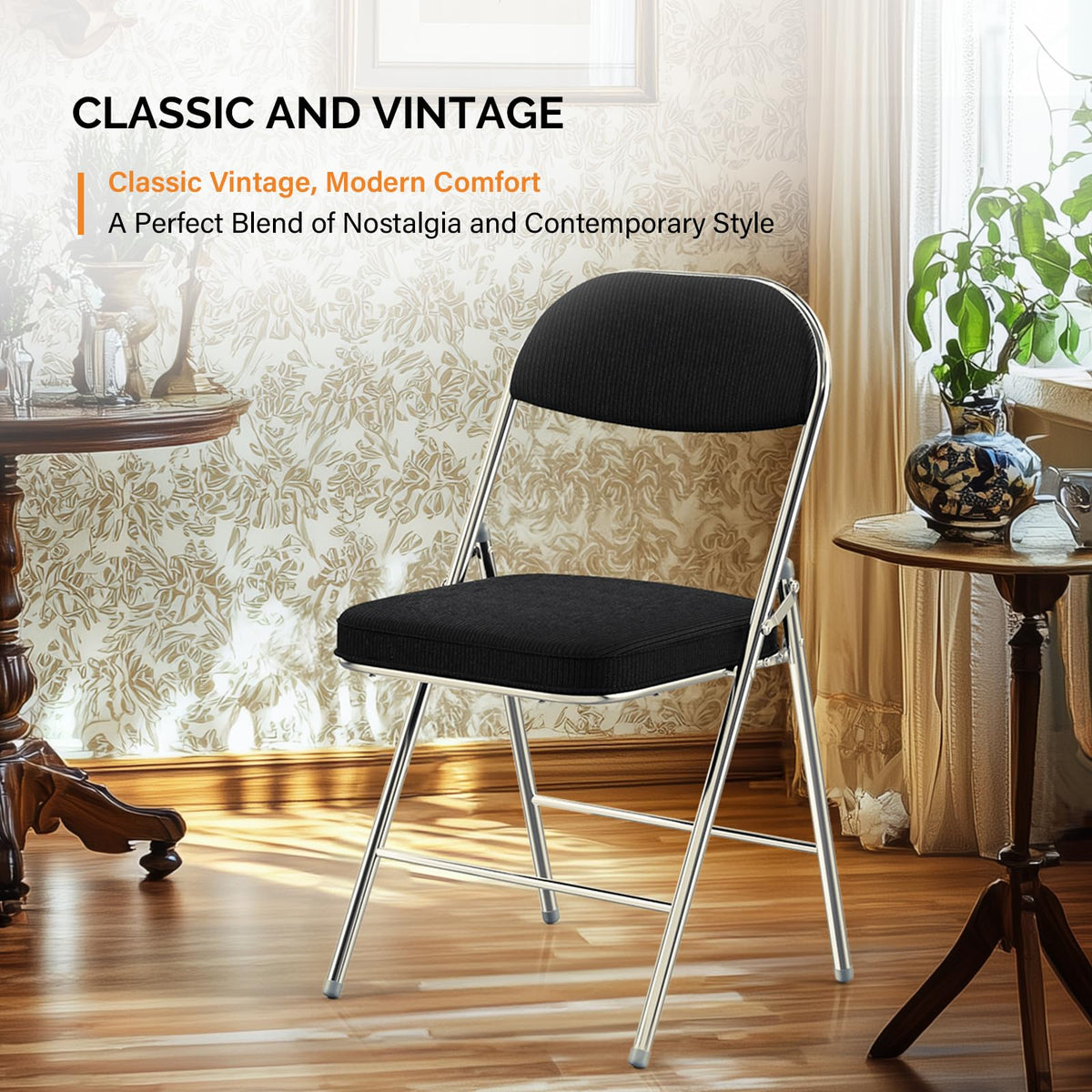 4 Pack Folding Chairs with Padded Seat & Backrest, Metal Frame, Durable Corduroy Fabric, 350 lbs Capacity, Set of 4