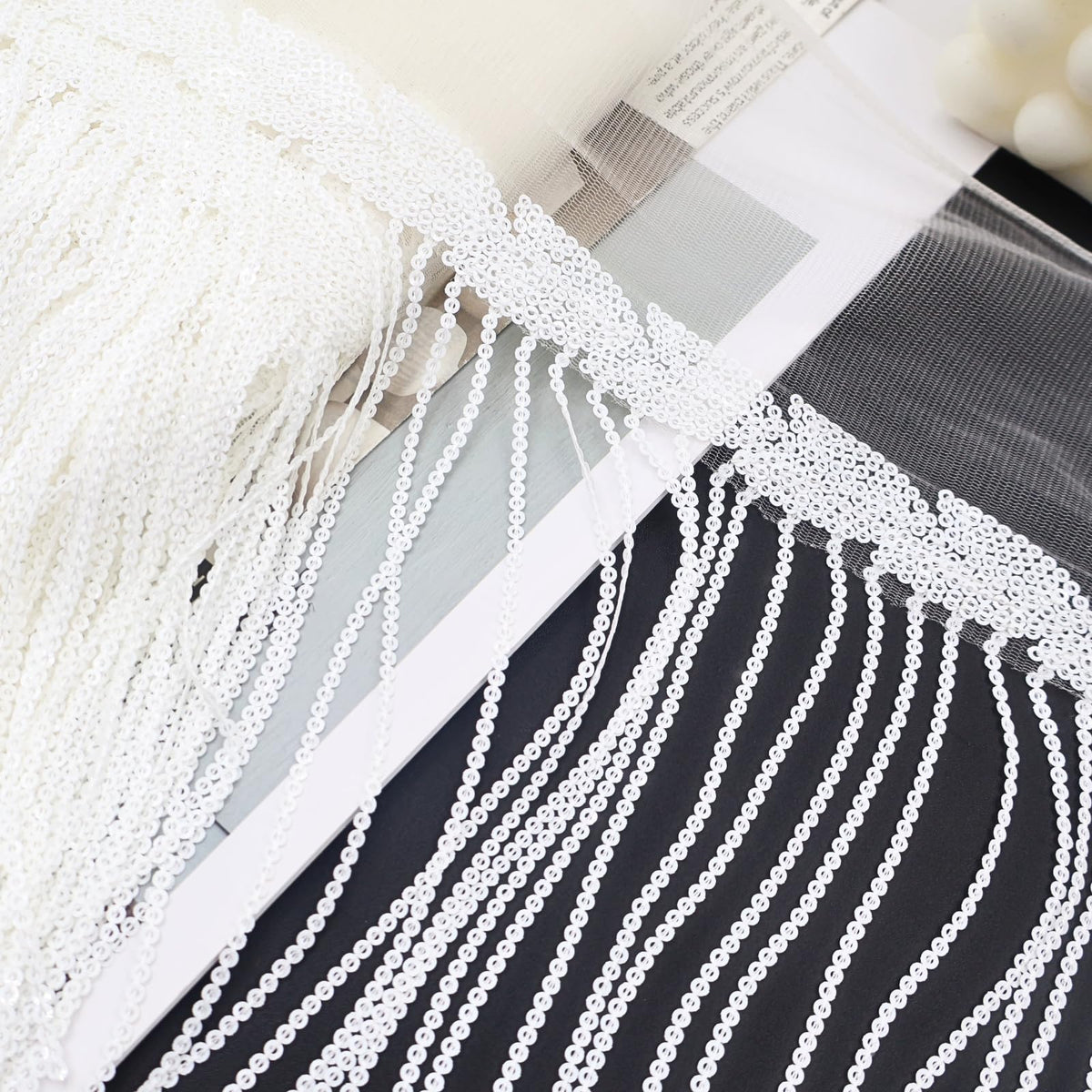 White Fringe Trim Lace Sequin Fringe Ribbon - 9.5 Yards