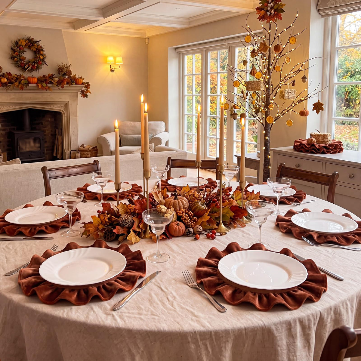 Fall Velvet Round Placemats Set of 6 Terracotta Ruffled Table Mat