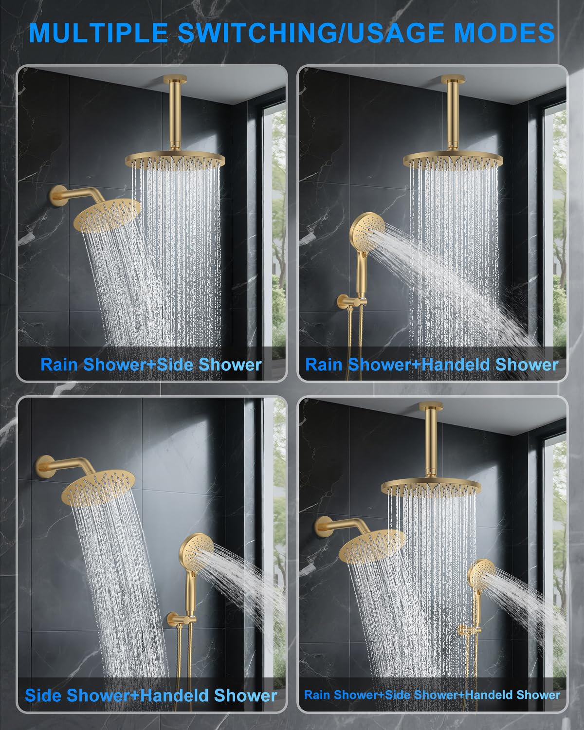 Shower System with Pressure Balance Valve, 10" Ceiling Mount Shower Faucet Set with 2 Rain Shower Head