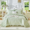 3pcs Ruffle Quilt Set, Sage Green Gingham Plaid Ruffled Design, Soft Cozy Microfiber Farmhouse Bedspread