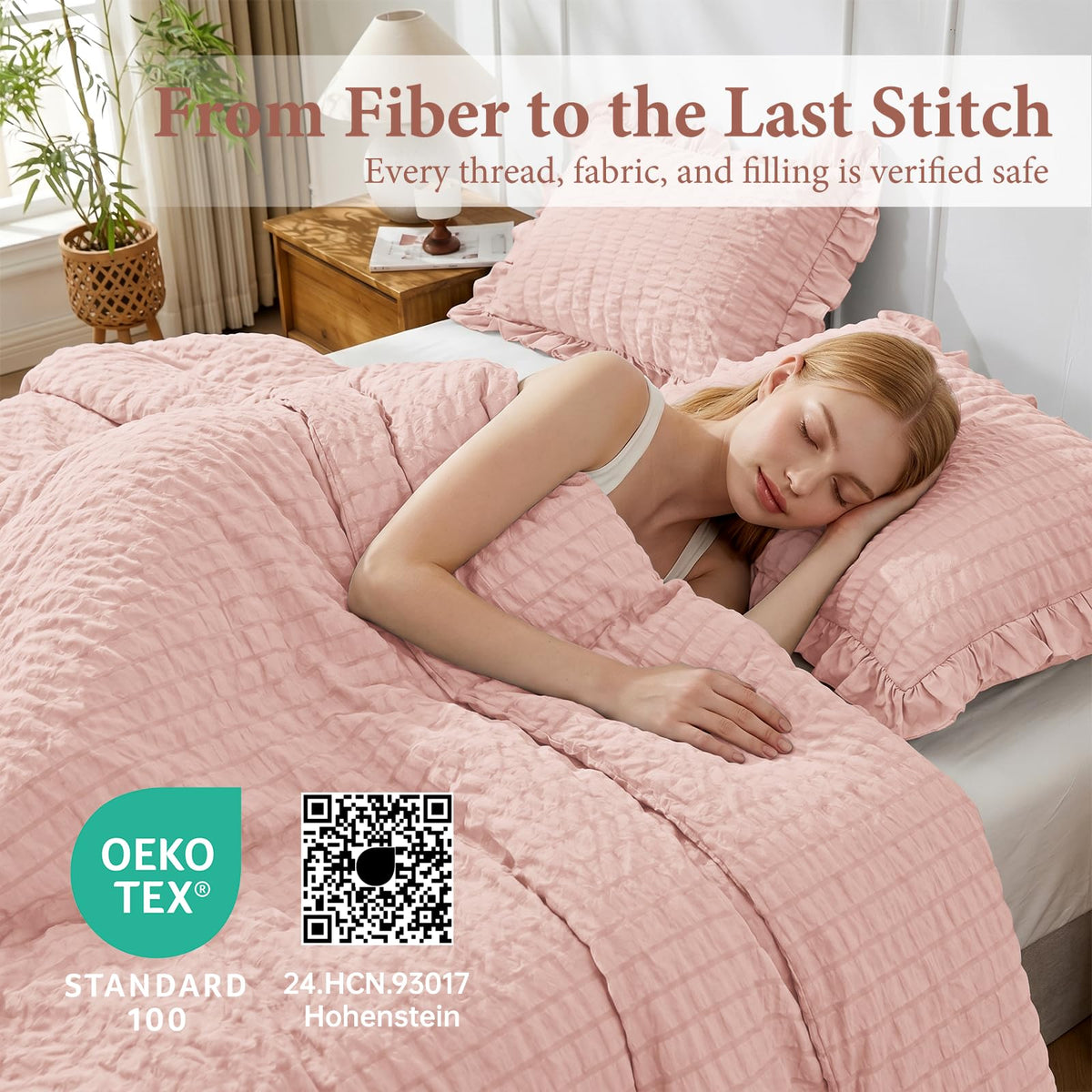 Comforter Set, 3 Pieces Rose Gold Seersucker Comforters, Lightweight & Fluffy Bedding Sets
