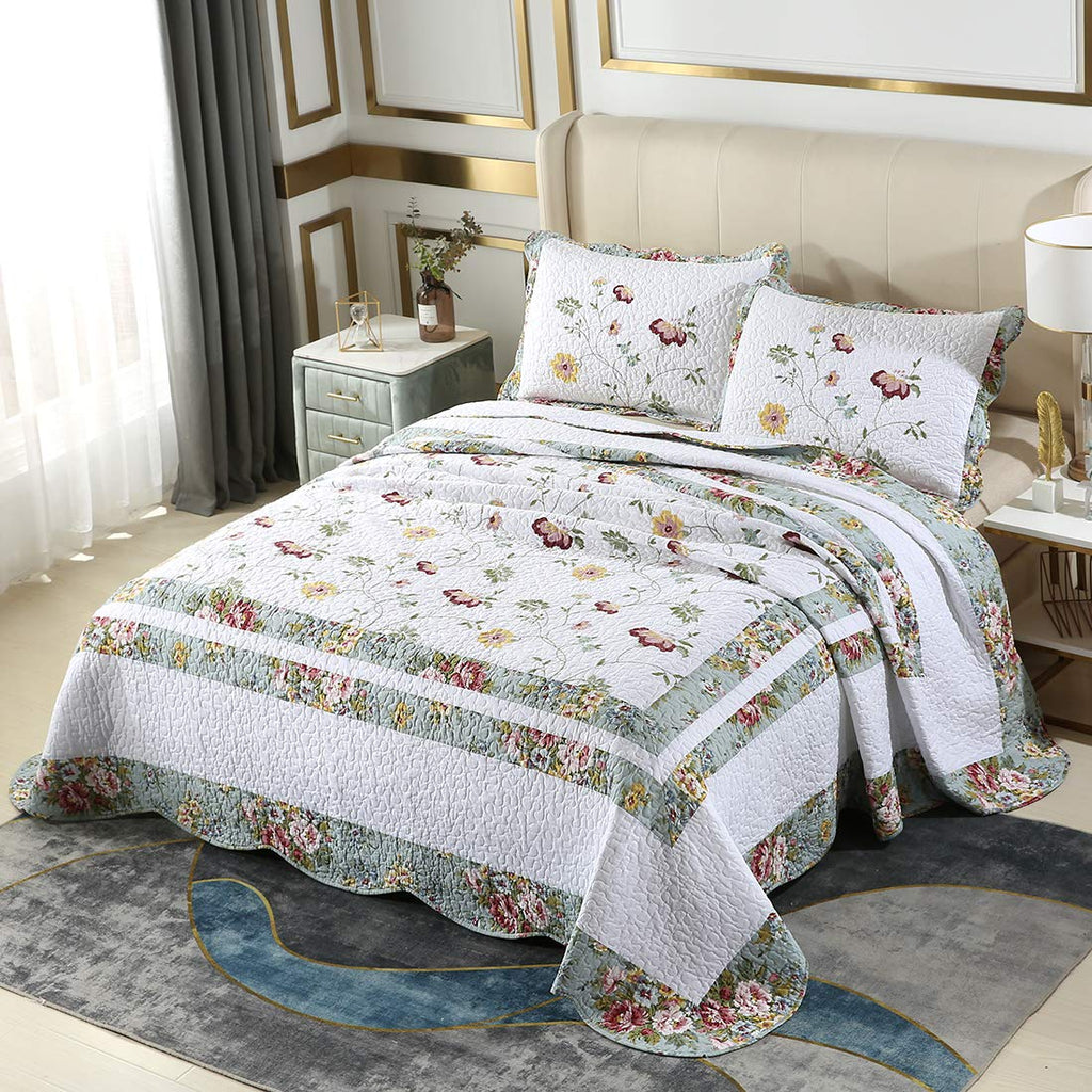 3-Piece Embroidered Floral Cotton Quilt Set Elegant Reversible Lightweight Soft Bedspread Coverlet with 2 Pillow