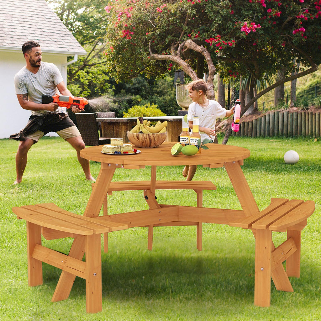 6-Person Round Picnic Table Set with 3 Benches, 550 LBS Bench Capacity, 2" Umbrella Hole, Circular Outdoor Wood