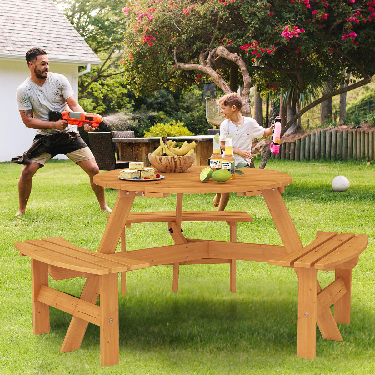 6-Person Round Picnic Table Set with 3 Benches, 550 LBS Bench Capacity, 2" Umbrella Hole, Circular Outdoor Wood
