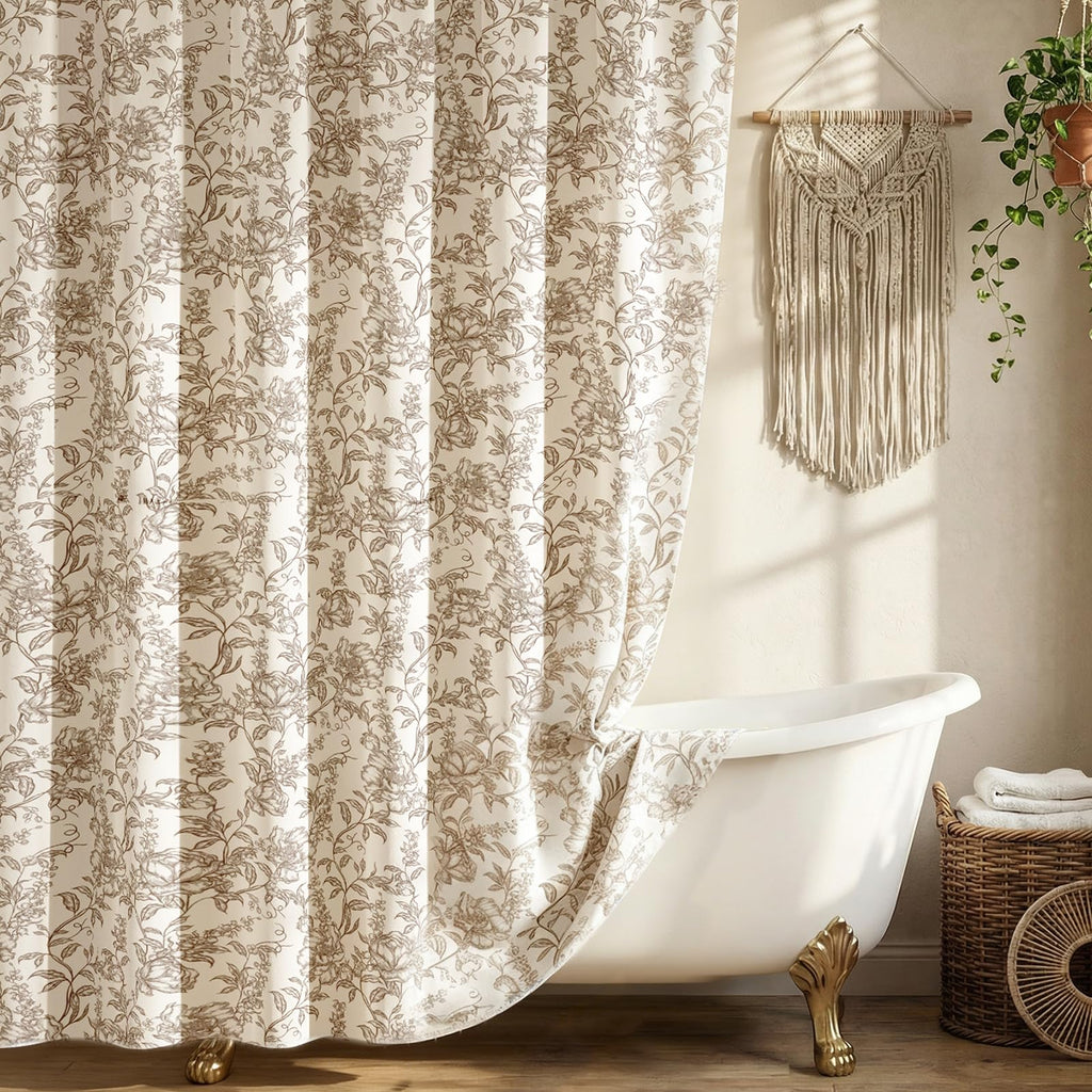 Farmhouse Brown Floral Shower Curtain with 12 Clear Rings 72"W x 84"L