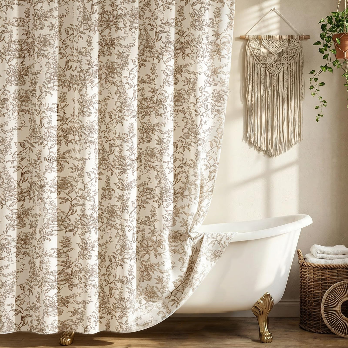 Farmhouse Brown Floral Shower Curtain with 12 Clear Rings 72"W x 84"L