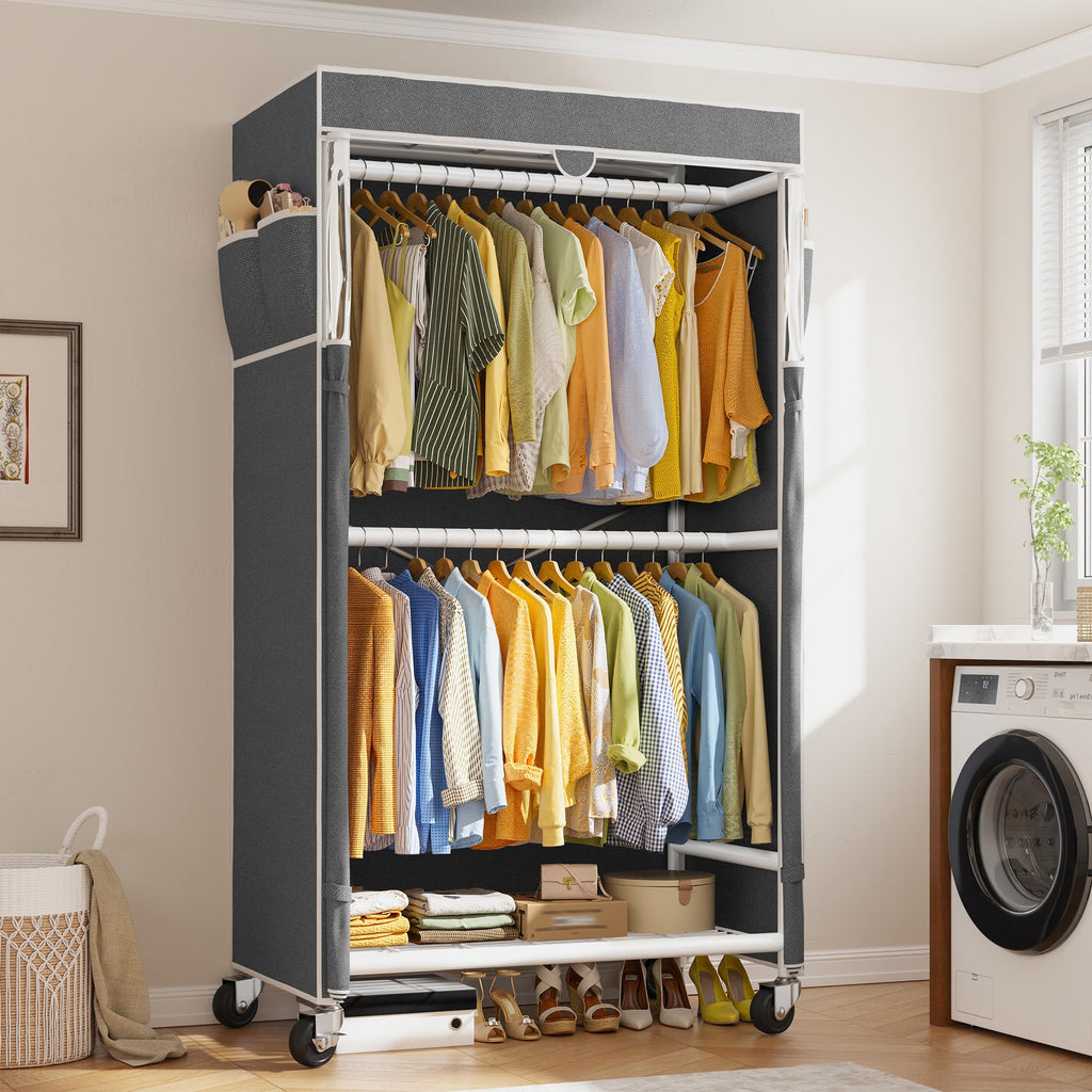 Rolling Clothes Rack with Cover, Heavy Duty Clothing Rack with Wheels, 120+ Garments Storage, Freestanding Portable