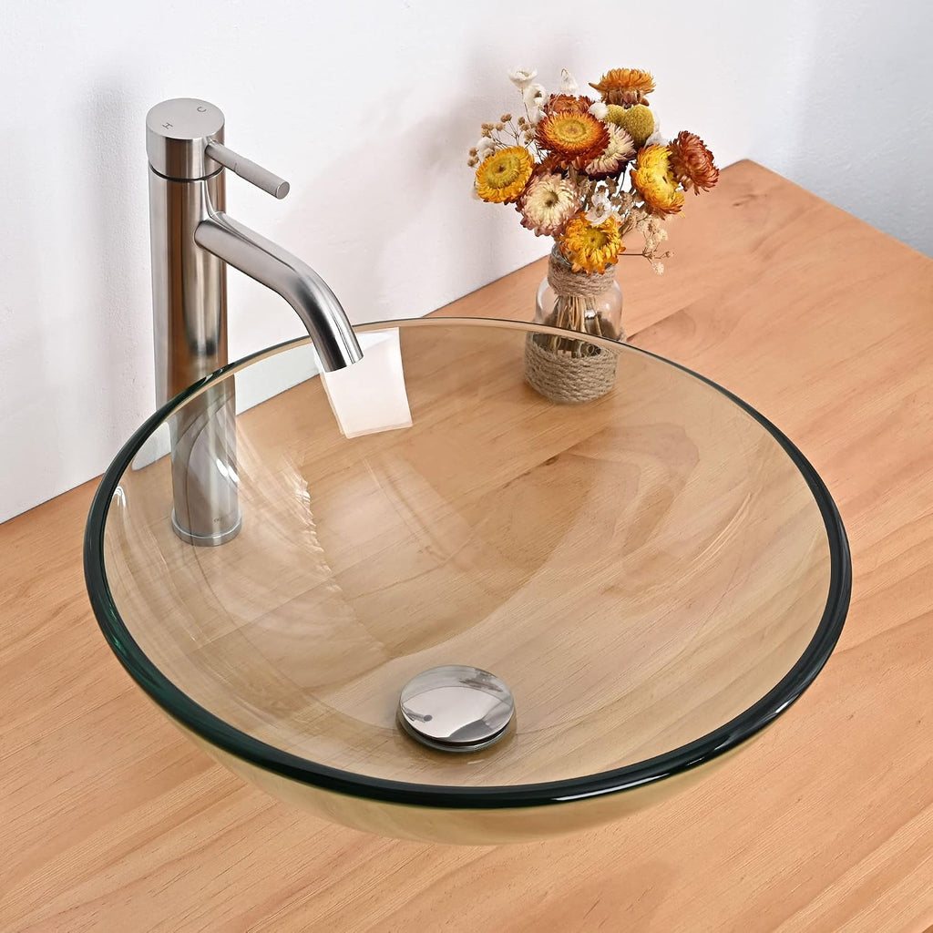 Tempered Glass Bathroom Vessel Sink 16" Round Countertop Vanity Basin Bowl Transparent Minimalist Modern