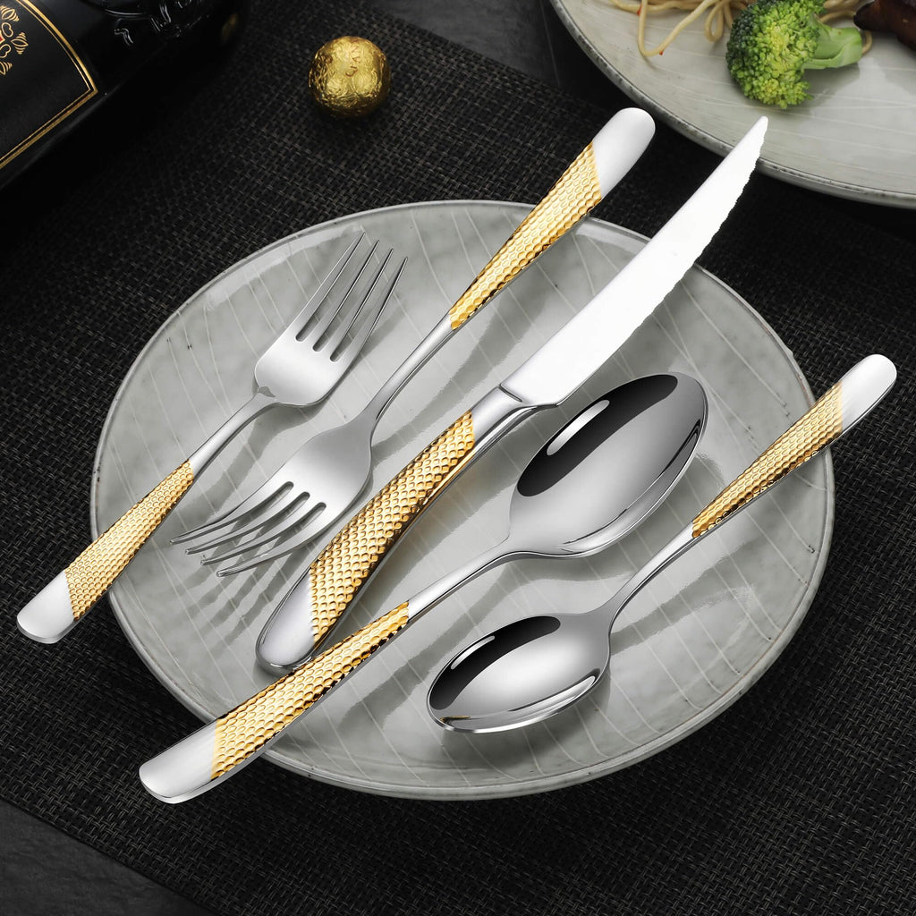 Hammered 30-Pieces Silver Gold Silverware Set for 6 with Serrated Forging Knives, 18/10 Stainless Steel Modern