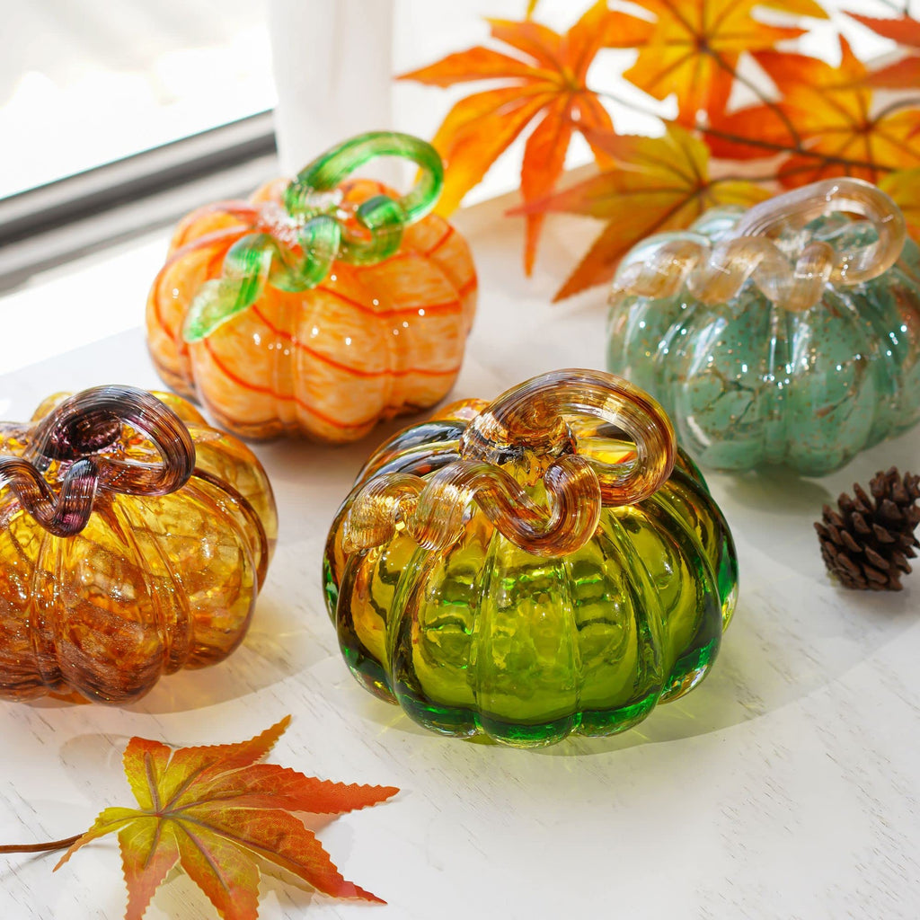 5 Inch Hand Blown Glass Pumpkin Figurines for Decorating Fall Decor