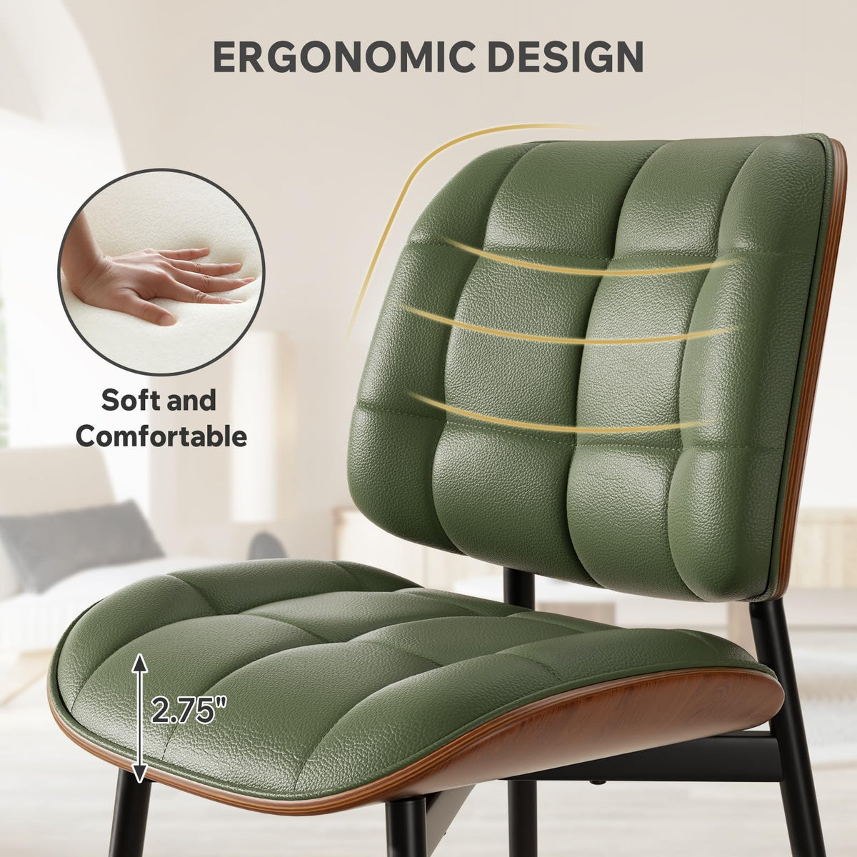 Dining Chairs Set of 2, Mid Century Modern Dining Room Chair, Upholstered Faux Leather Kitchen Chairs with Thick