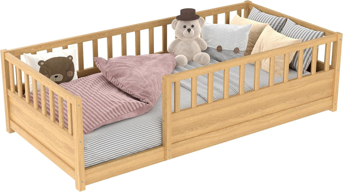 Floor Bed with Slats and High Guardrail, Montessori Floor Bed with Fence, Easy Assemble