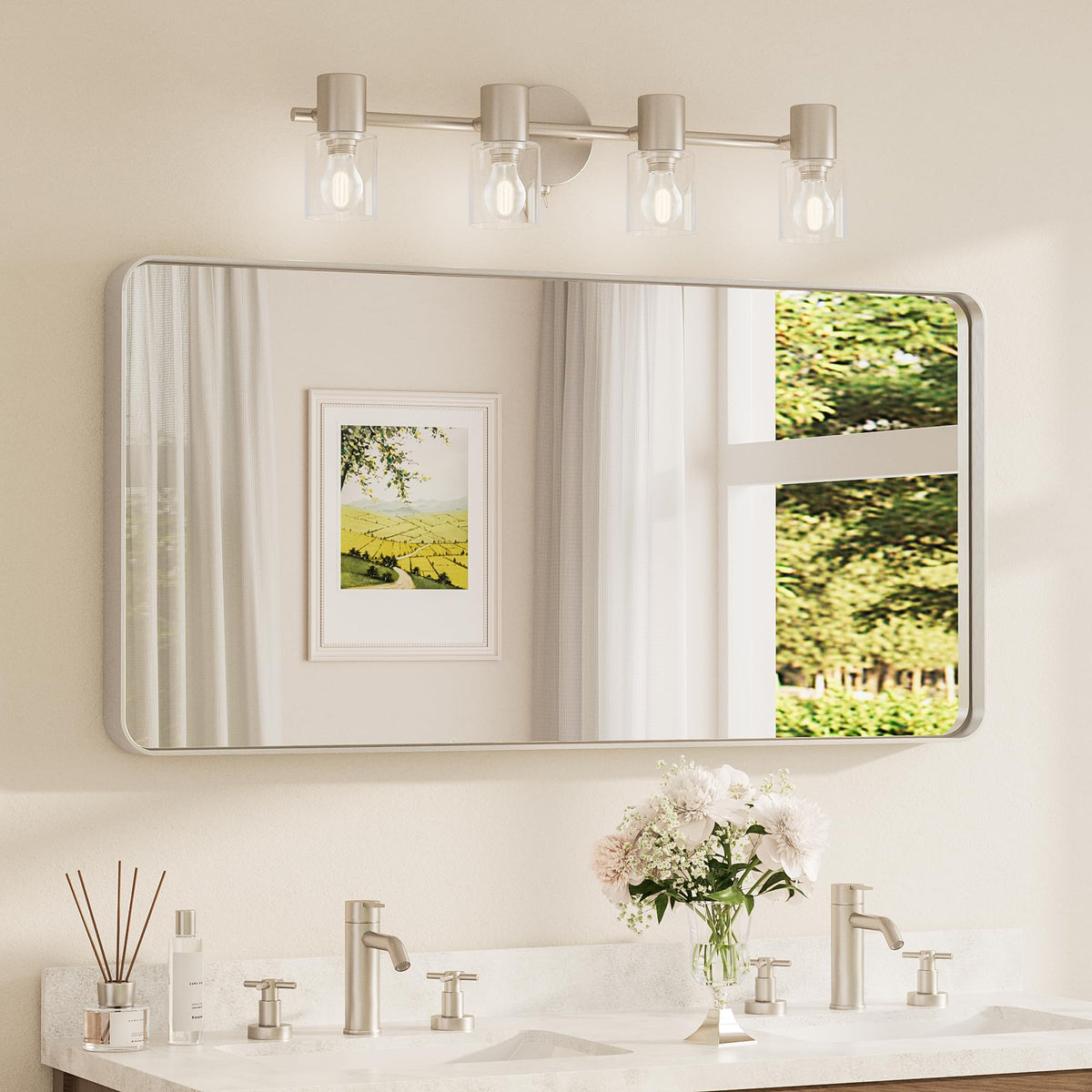 Brushed Nickel Mirror 48 x 24 Inch Over Sink Metal Framed Mirror Modern Farmhouse Entryway(Horizontal/Vertical)