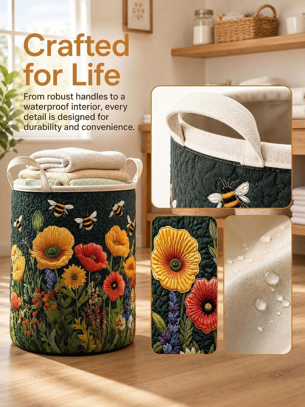 Quilted Laundry Basket with Handles, Boho Floral Quilted Storage Hamper, Large Capacity Laundry Hamper Bedroom