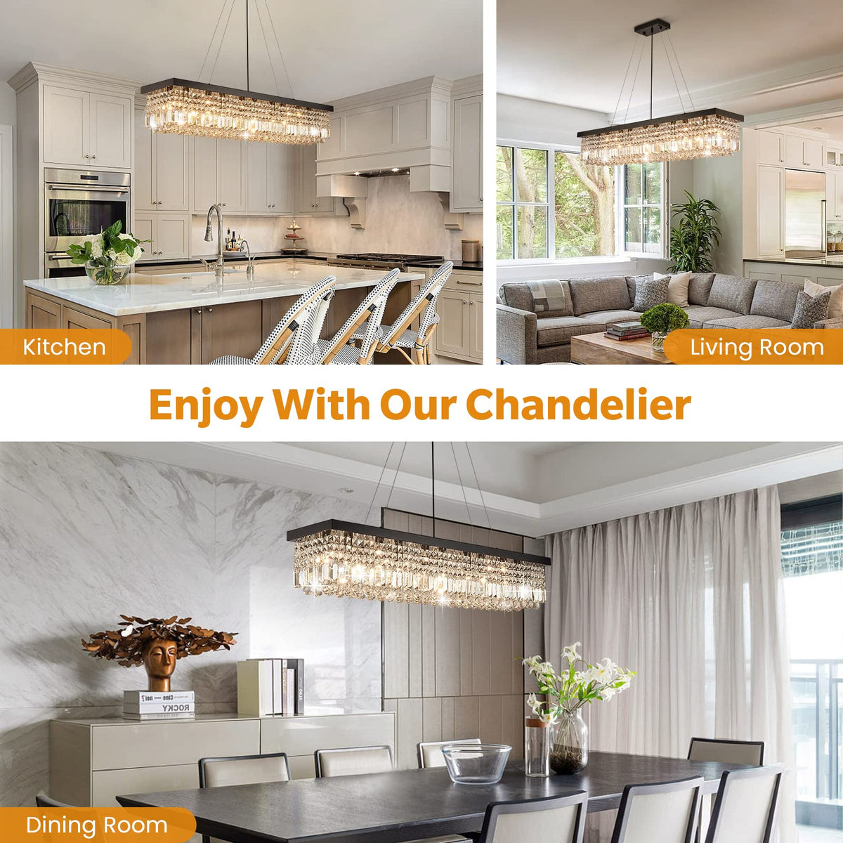 Rectangle K9 Crystal Chandelier Modern Rectangular Pendant Lighting Fixture Kitchen Island Bedroom Black L47'' x