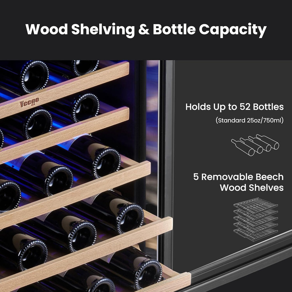 Wine Fridge Cooler - 24 Inch Wine Fridge Hold 52 Bottles, 40-65°F Wine Refrigerator Glass Door, Built in, Freestanding Under Counter Fridge for Beer Soda Drink Home Bar Office(5.12 Cu.ft)