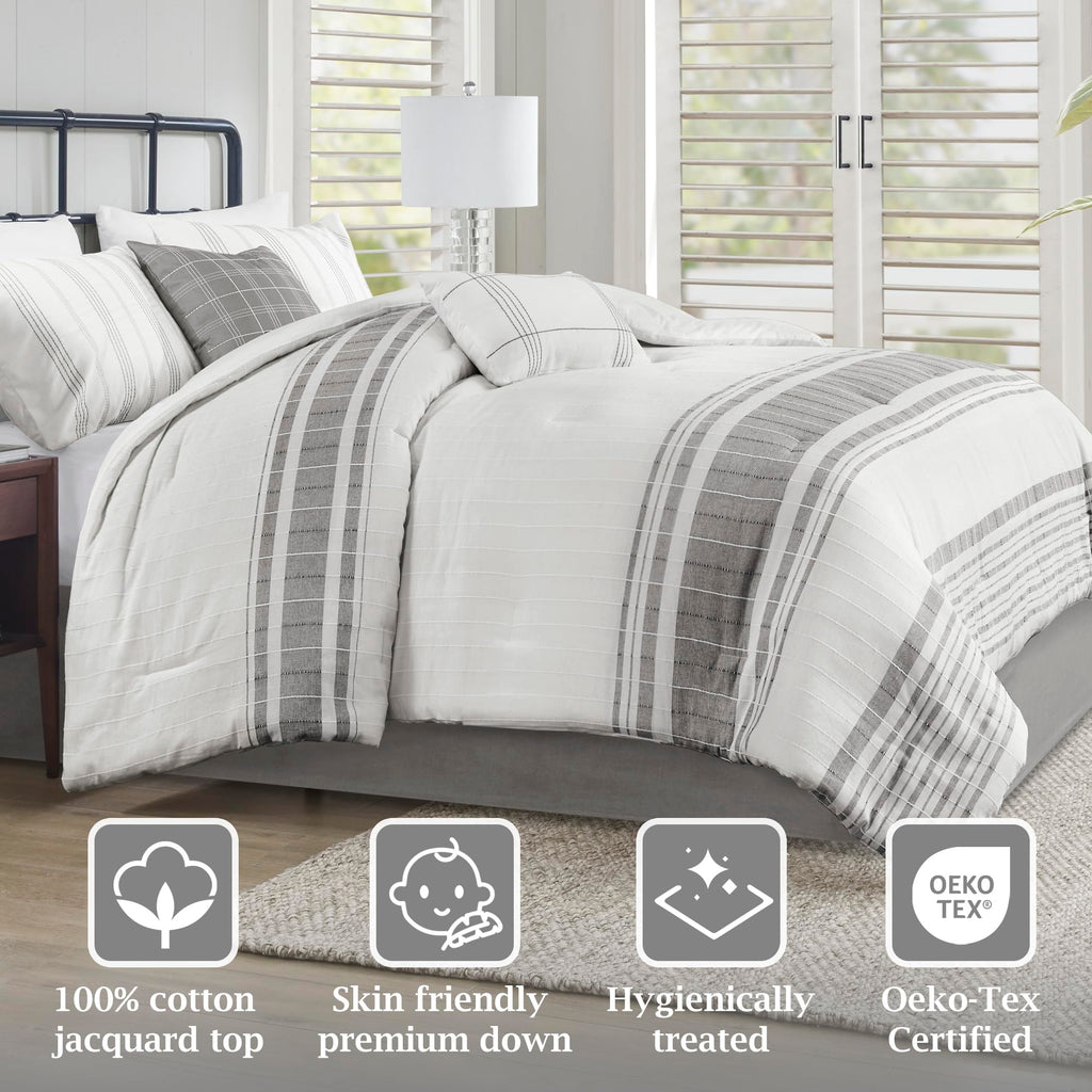 Comforter Set, Stripes Clipped Jacquard, Soft Cotton Oversized Comforter for a -Size Bed, Farmhouse Bedding