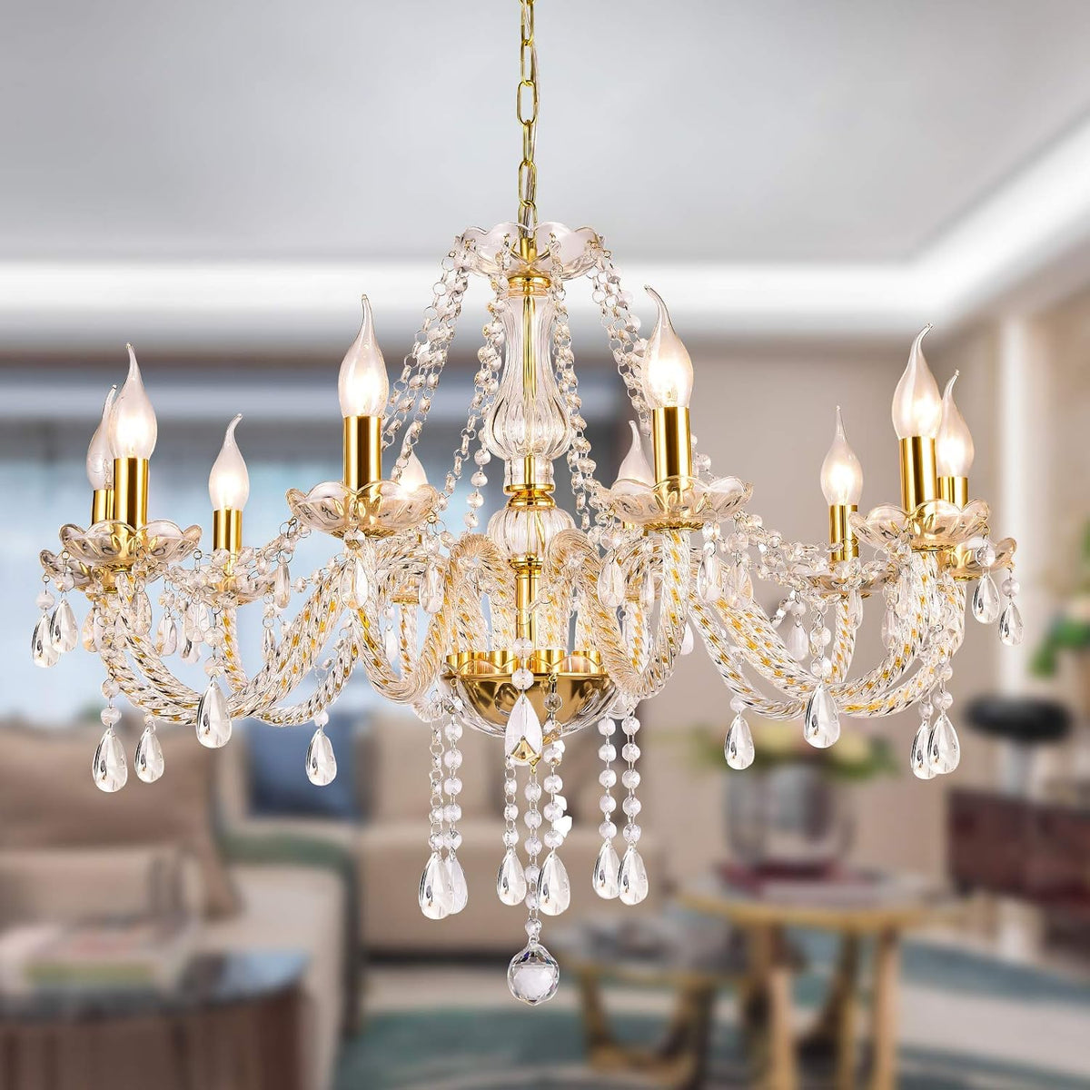 Ten-Light K9 Crystal Candle Chandelier with Clear Faceted Drops